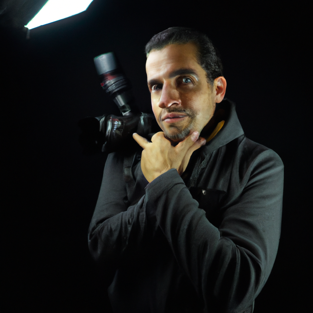 Retrato de fotógrafo principal en estudio con fondo neutro